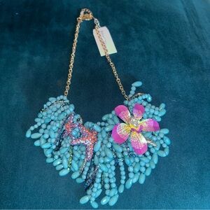 Betsey Johnson Blue Beaded Necklace with Pink Floral Accent